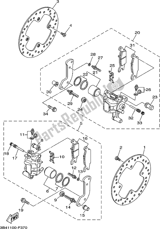 All parts for the Rear Brake Caliper of the Yamaha YFM 700 Fwad Kodiak Auto 4 WD 2018