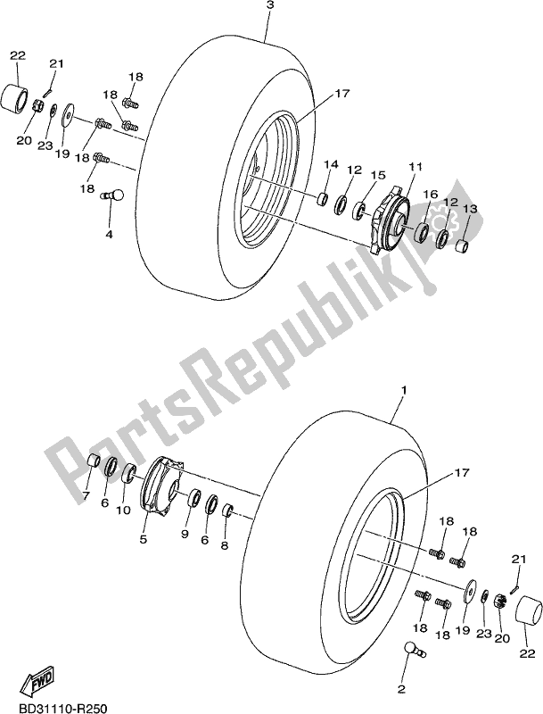 All parts for the Front Wheel of the Yamaha YFM 90R 2018