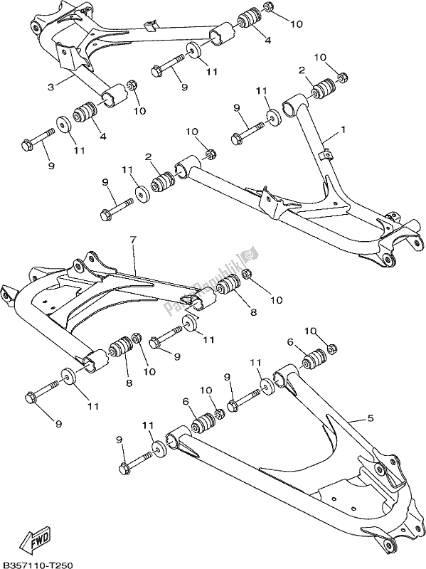 Alle onderdelen voor de Achterste Arm van de Yamaha YXE 700 Psej White 2018