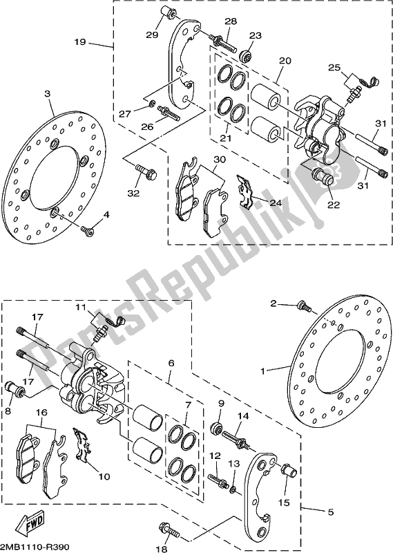 All parts for the Rear Brake Caliper of the Yamaha YXE 700 Psej White Wolverine SXS 2 Seater 2018