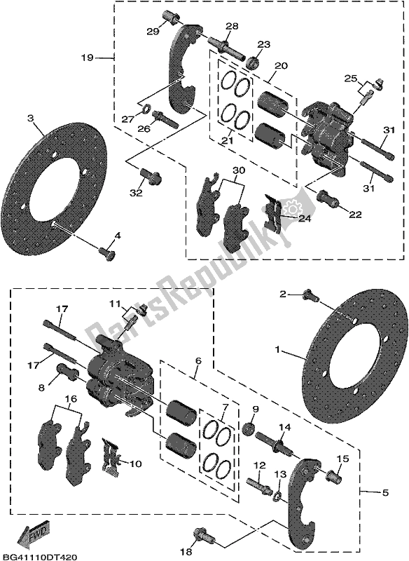 All parts for the Rear Brake Caliper of the Yamaha YXF 850P 2018