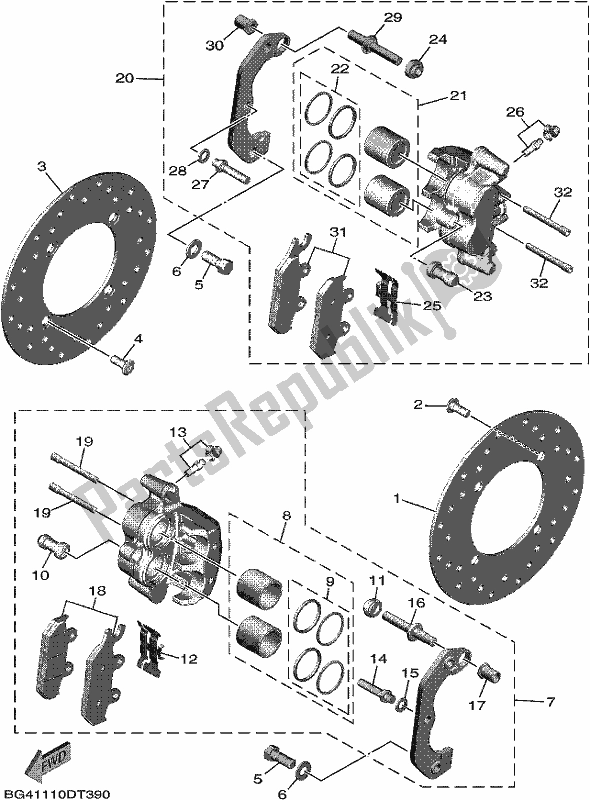 All parts for the Front Brake Caliper of the Yamaha YXF 850P 2019