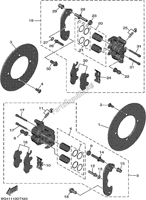 All parts for the Rear Brake Caliper of the Yamaha YXF 850P 2019