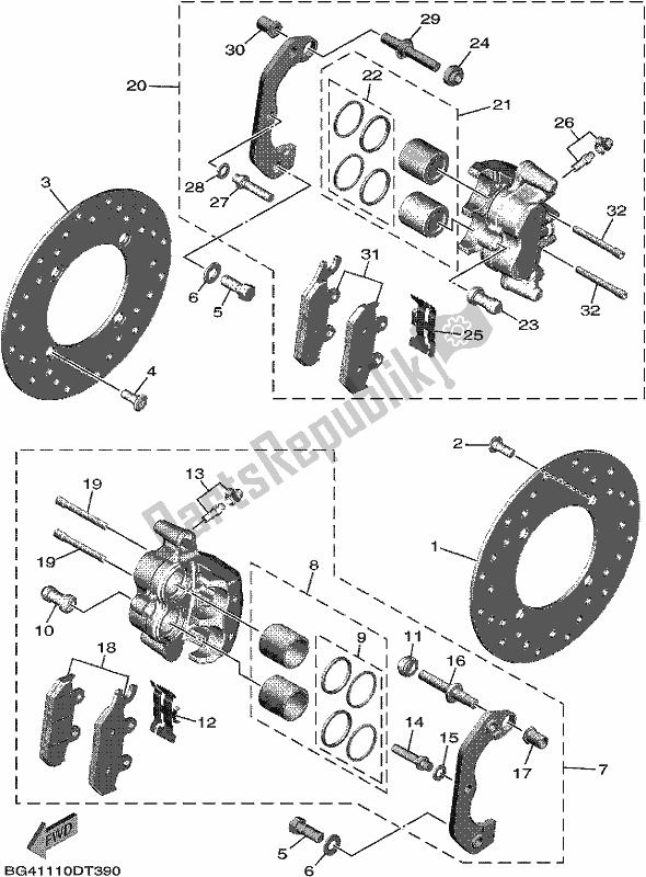 All parts for the Front Brake Caliper of the Yamaha YXF 850P Wolverine X4 2018