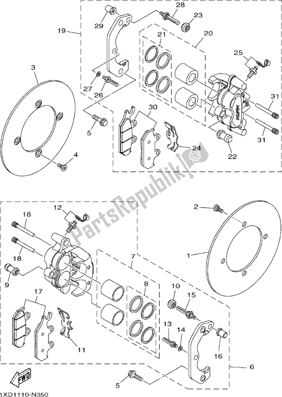 All parts for the Front Brake Caliper of the Yamaha YXM 700 ESH Blue Metallic 2017