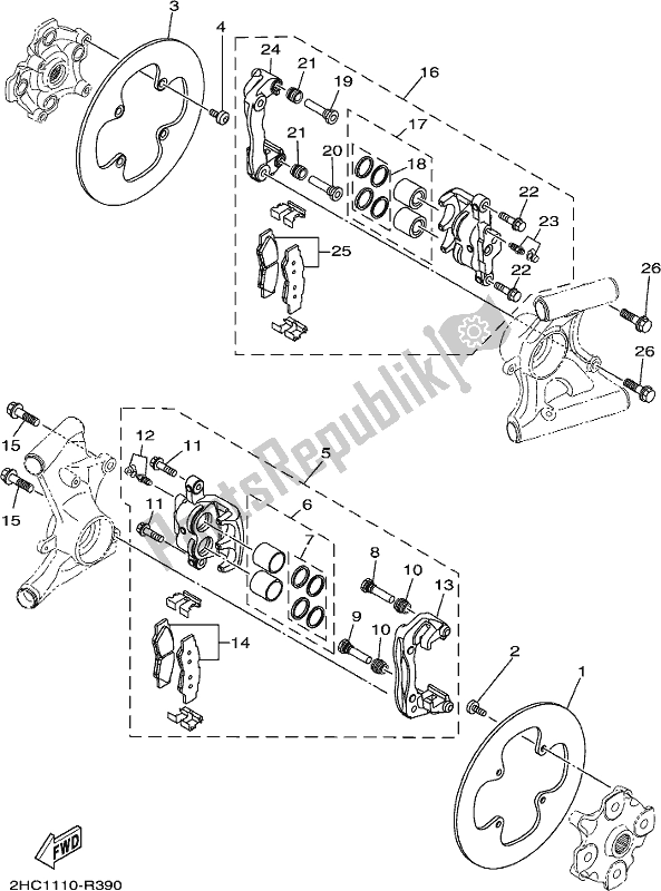 All parts for the Rear Brake Caliper of the Yamaha YXZ 1000P 2017