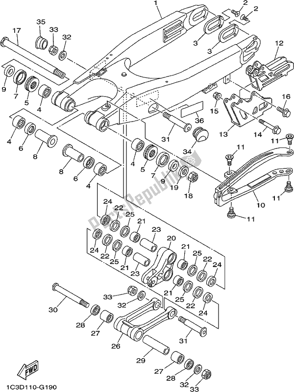 Alle onderdelen voor de Achterste Arm van de Yamaha YZ 125 2018