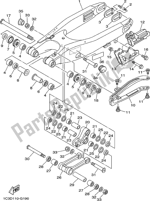 Alle onderdelen voor de Achterste Arm van de Yamaha YZ 250 2019