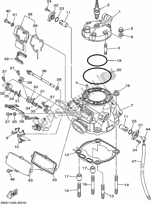 All parts for the Cylinder Head of the Yamaha YZ 250 2020