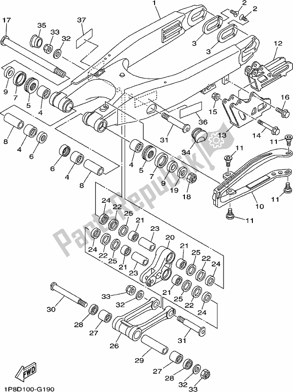 Alle onderdelen voor de Achterste Arm van de Yamaha YZ 250X 2017