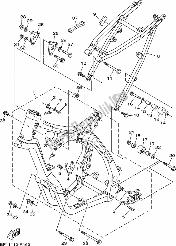 All parts for the Frame of the Yamaha YZ 250X 2021