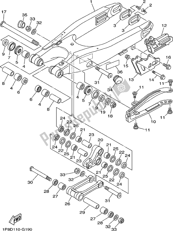 Alle onderdelen voor de Achterste Arm van de Yamaha YZ 250X 2021