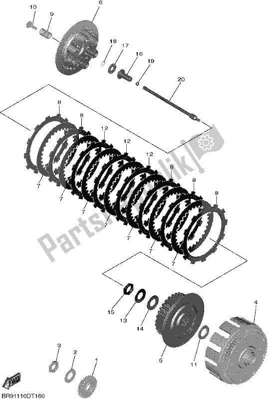 All parts for the Clutch of the Yamaha YZ 450F 2018