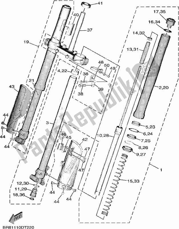 All parts for the Front Fork of the Yamaha YZ 65 2020