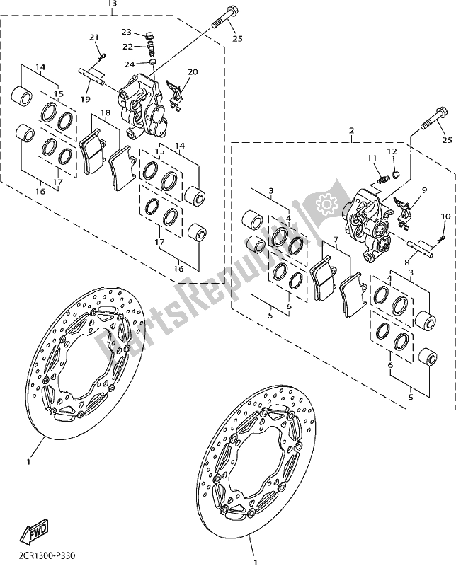 All parts for the Front Brake Caliper of the Yamaha Yzf-r1 1000 2017