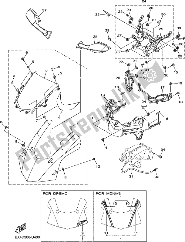 All parts for the Cowling 1 of the Yamaha Yzf-r1 1000 2019