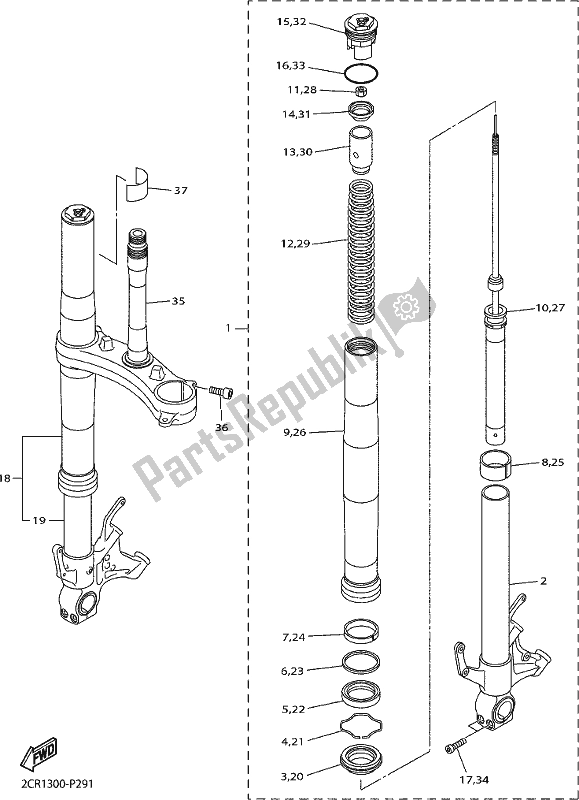 Alle onderdelen voor de Voorvork van de Yamaha Yzf-r1 1000 2019