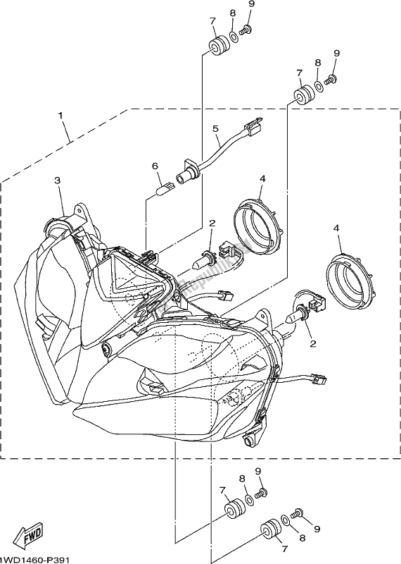 All parts for the Headlight of the Yamaha Yzf-r3A 300 2018