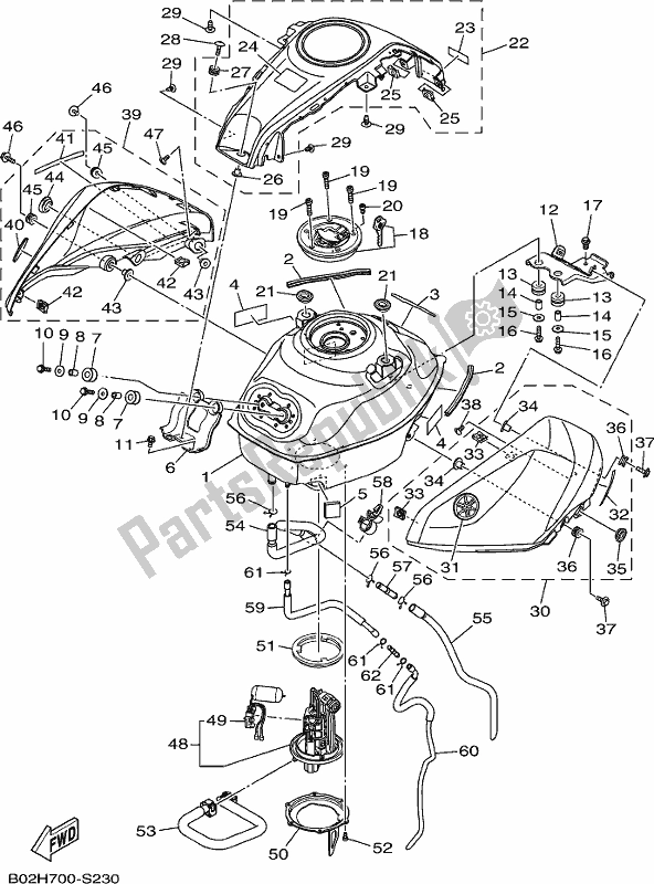 All parts for the Fuel Tank of the Yamaha Yzf-r3A Yzf-r3 300 2017