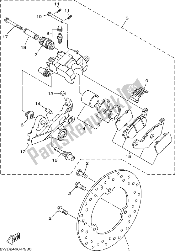 All parts for the Rear Brake Caliper of the Yamaha Yzf-r3A Yzf-r3 300 2018