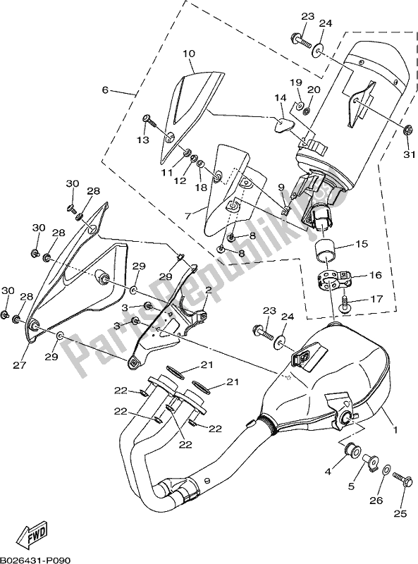 All parts for the Exhaust of the Yamaha Yzf-r3H Movistar Yzf-r3 300 2017