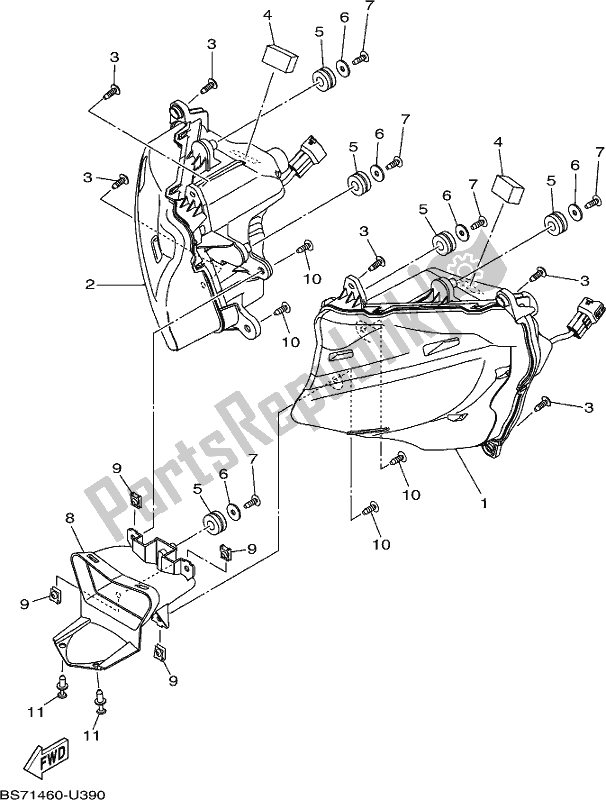 All parts for the Headlight of the Yamaha Yzf-r3L YZ 320 AL 2020