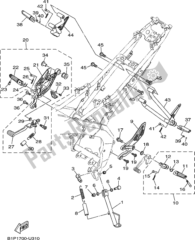 All parts for the Stand & Footrest of the Yamaha YZF 155 2021