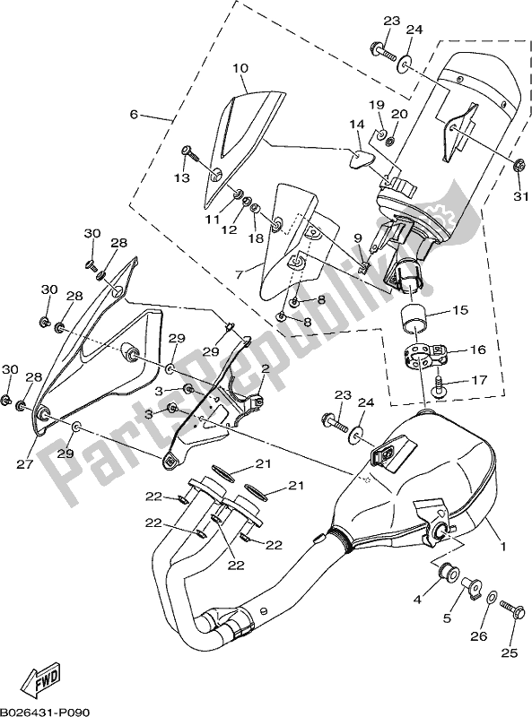 All parts for the Exhaust of the Yamaha YZF 320-A 2019