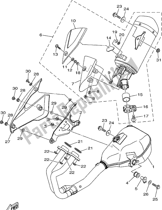 All parts for the Exhaust of the Yamaha YZF 320A 2020