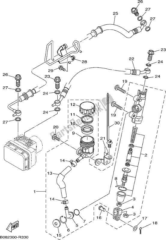 All parts for the Rear Master Cylinder of the Yamaha YZF 320A 2020