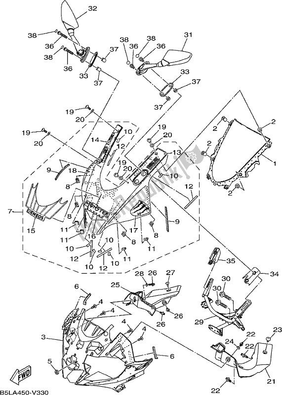 All parts for the Windshield of the Yamaha YZF 320A 2020